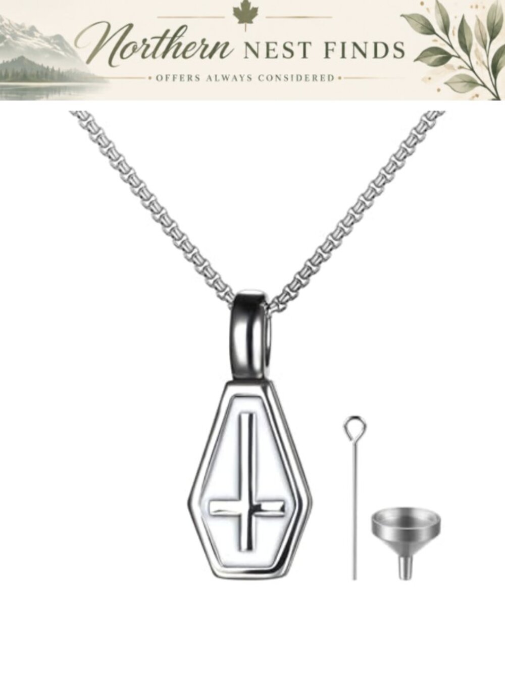 Inverted Cross Coffin Urn Necklace Stainless Steel Cremation Jewelry